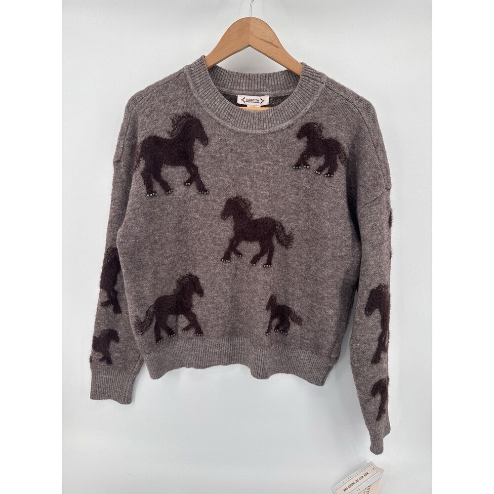 Nanette Lepore Fuzzy Horse Knit Crewneck Sweater Equestrian Pullover Woman's Med